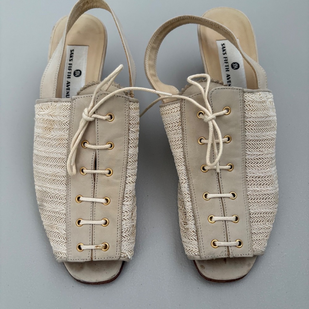 Saks Fifth Avenue Slingback Heels Lace Up Peep Toe Leather Woven Beige -Size 8.5